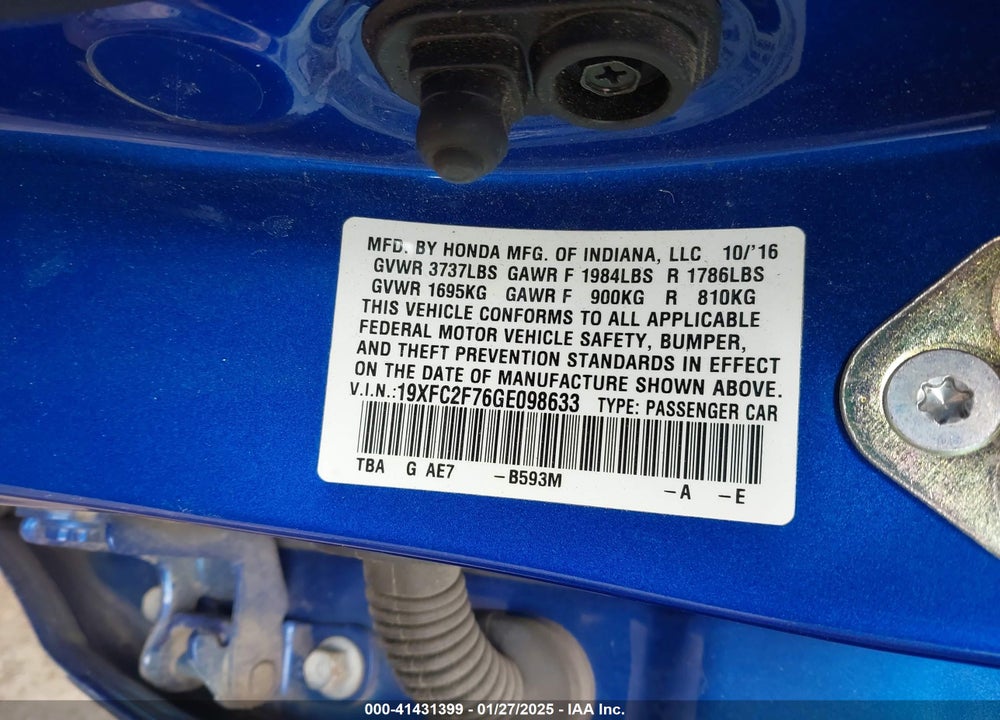 2016 HONDA CIVIC EX VIN: 19XFC2F76GE098633