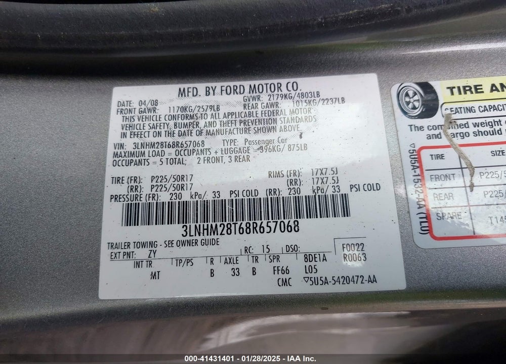2008 LINCOLN MKZ VIN: 3LNHM28T68R657068