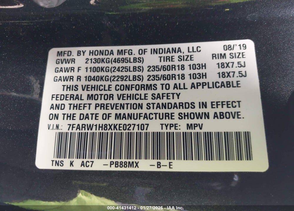 2019 HONDA CR-V VIN: 7FARW1H8XKE027107