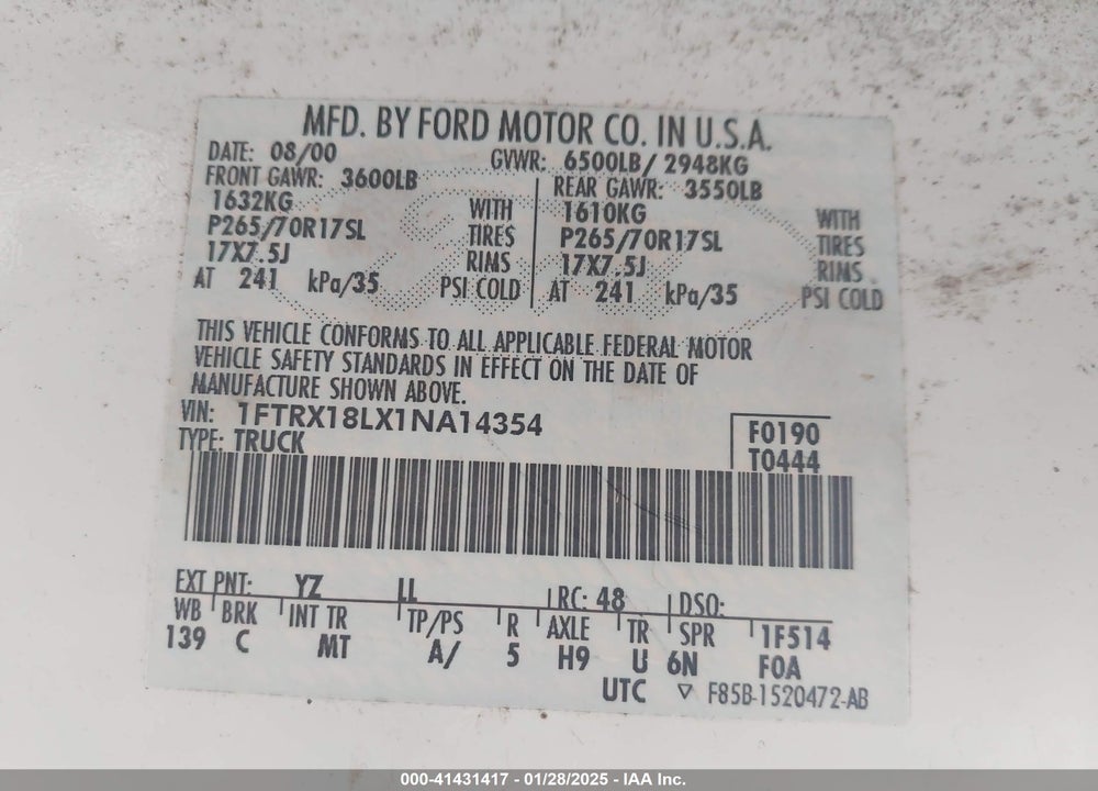 2001 FORD F-150 LARIAT/XL/XLT VIN: 1FTRX18LX1NA14354