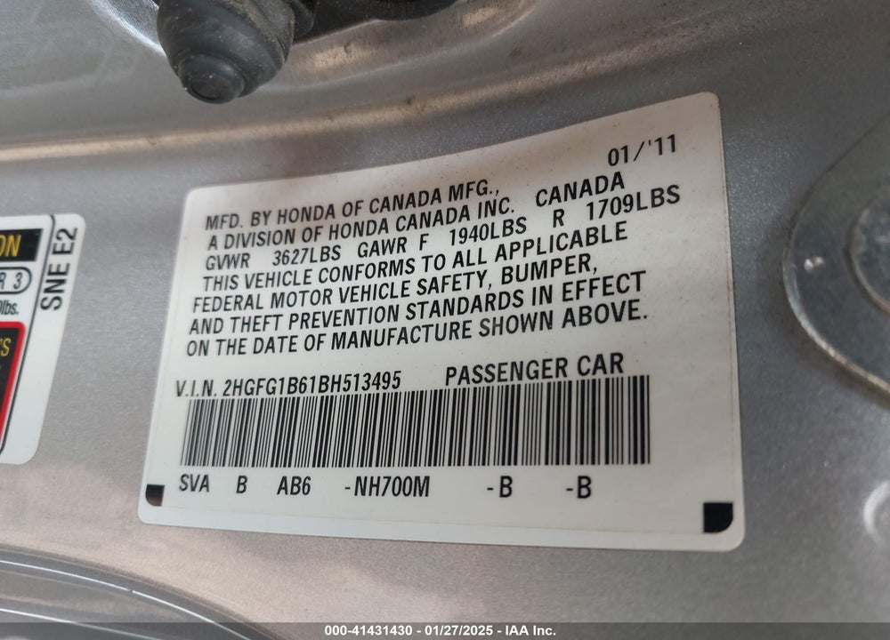 2011 HONDA CIVIC LX VIN: 2HGFG1B61BH513495