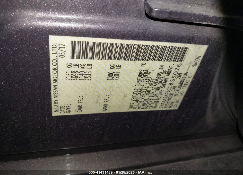 2012 NISSAN MAXIMA VIN: 1N4AA5AP6CC855076