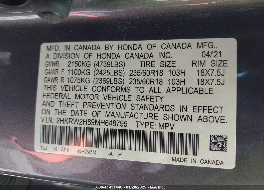 2021 HONDA CR-V AWD EX-L VIN: 2HKRW2H89MH648795