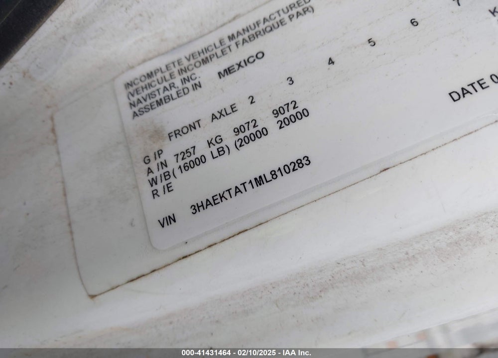 2021 INTERNATIONAL HV VIN: 3HAEKTAT1ML810283