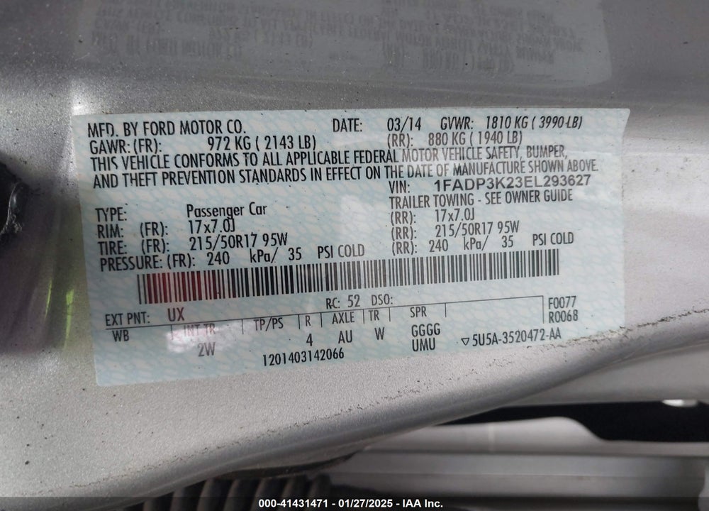 2014 FORD FOCUS VIN: 1FADP3K23EL293627