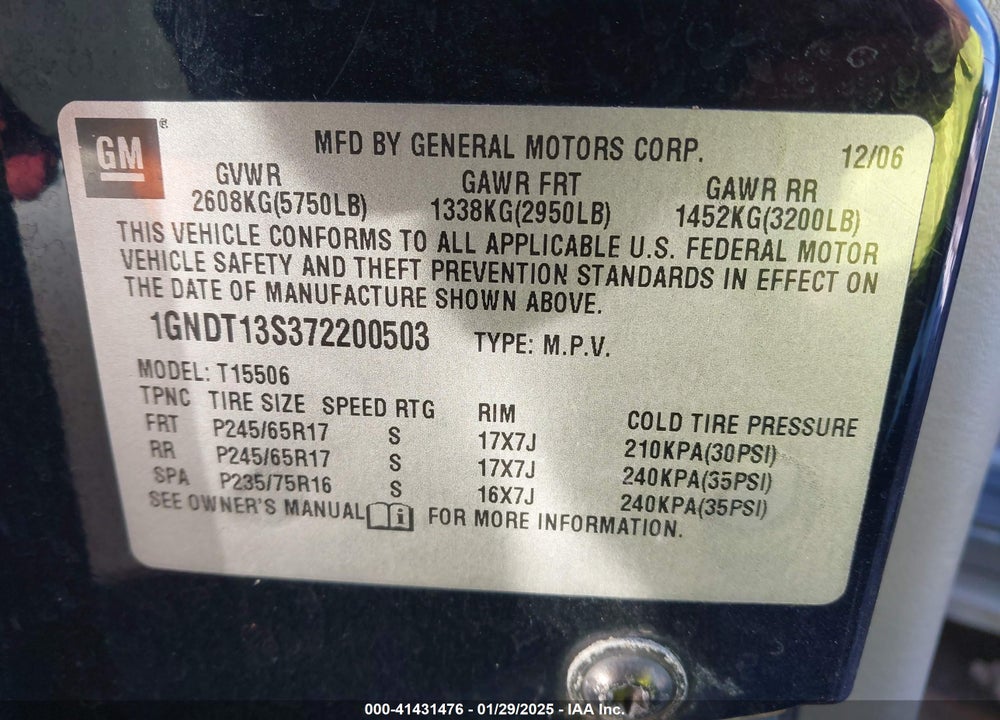 2007 CHEVROLET TRAILBLAZER LS VIN: 1GNDT13S372200503
