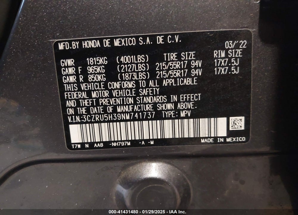 2022 HONDA HR-V 2WD LX VIN: 3CZRU5H39NM741737