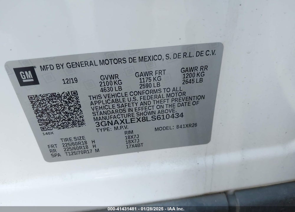 2020 CHEVROLET EQUINOX FWD LT 2.0L TURBO VIN: 3GNAXLEX8LS610434