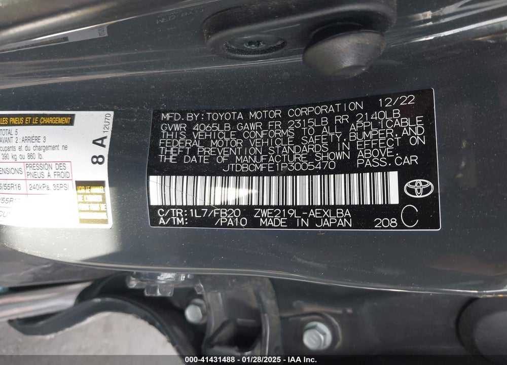 2023 TOYOTA COROLLA HYBRID LE VIN: JTDBCMFE1P3005470