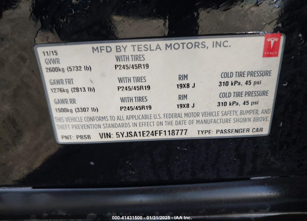 2015 TESLA MODEL S VIN: 5YJSA1E24FF118777