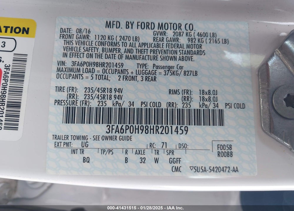 2017 FORD FUSION SE VIN: 3FA6P0H98HR201459