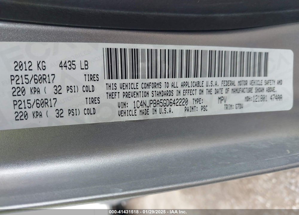 2016 JEEP PATRIOT SPORT SE VIN: 1C4NJPBA5GD642220