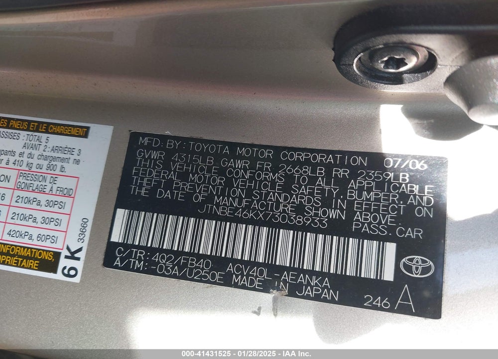 2007 TOYOTA CAMRY VIN: JTNBE46KX73038933