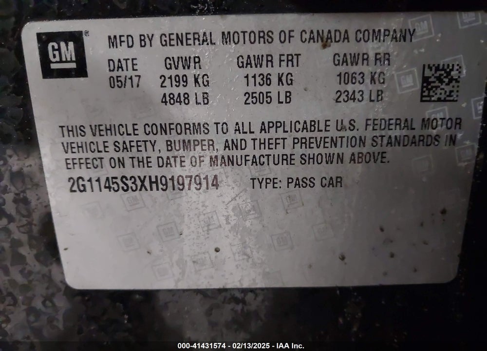 2017 CHEVROLET IMPALA VIN: 2G1145S3XH9197914