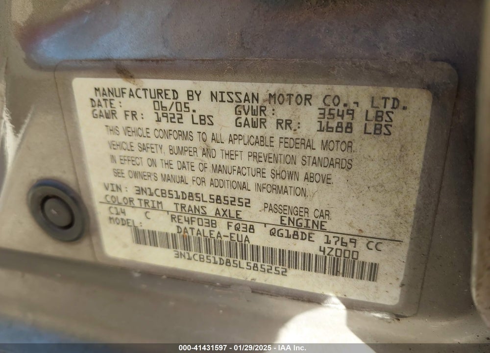 2005 NISSAN SENTRA 1.8S VIN: 3N1CB51D85L585252