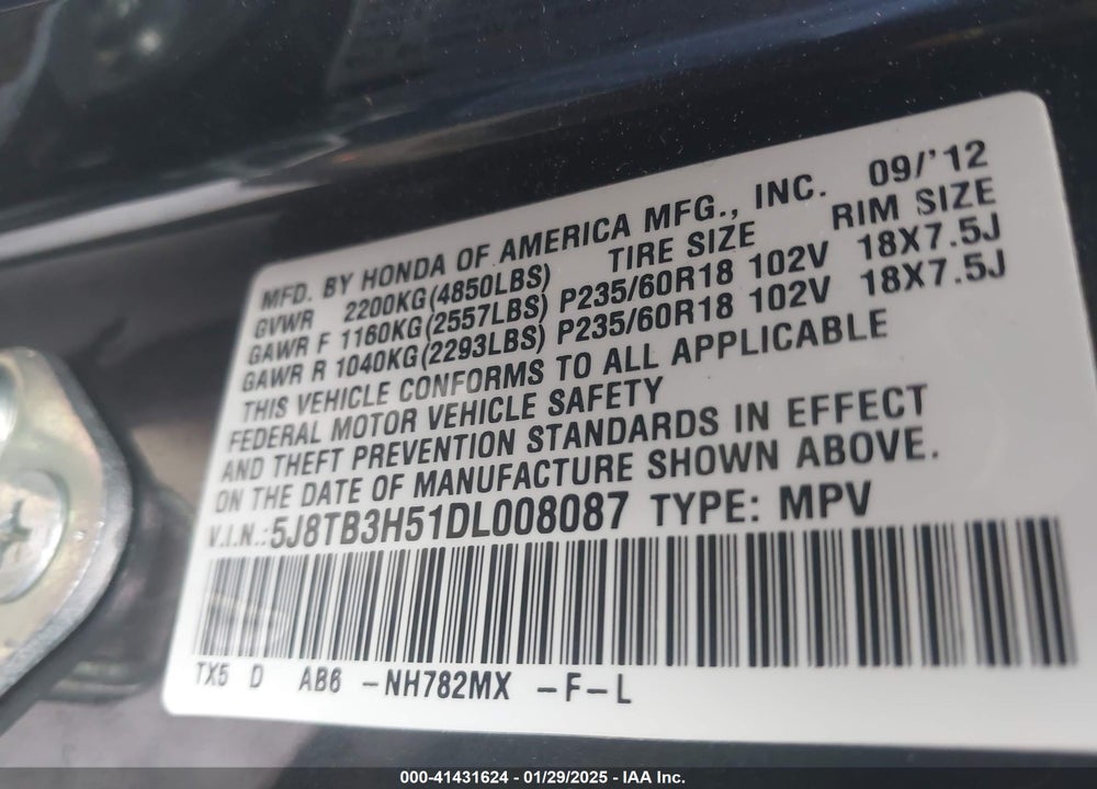 2013 ACURA RDX VIN: 5J8TB3H51DL008087
