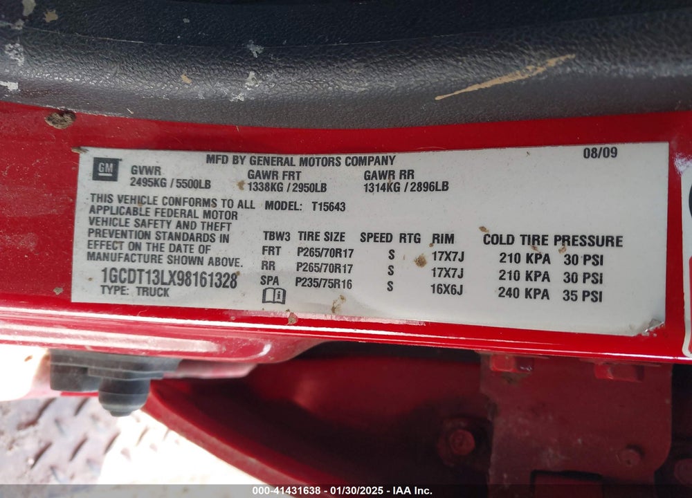 2009 CHEVROLET COLORADO VIN: 1GCDT13LX98161328