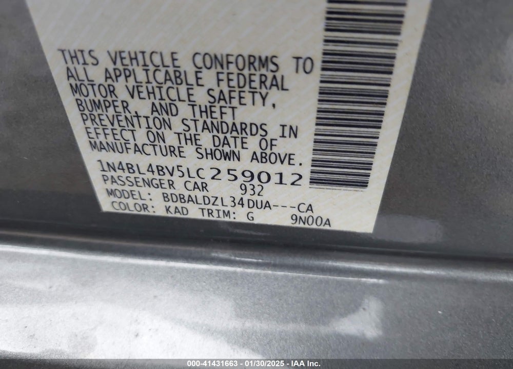 2020 NISSAN ALTIMA VIN: 1N4BL4BV5LC259012