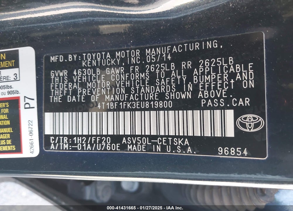 2014 TOYOTA CAMRY SE VIN: 4T1BF1FK3EU819800