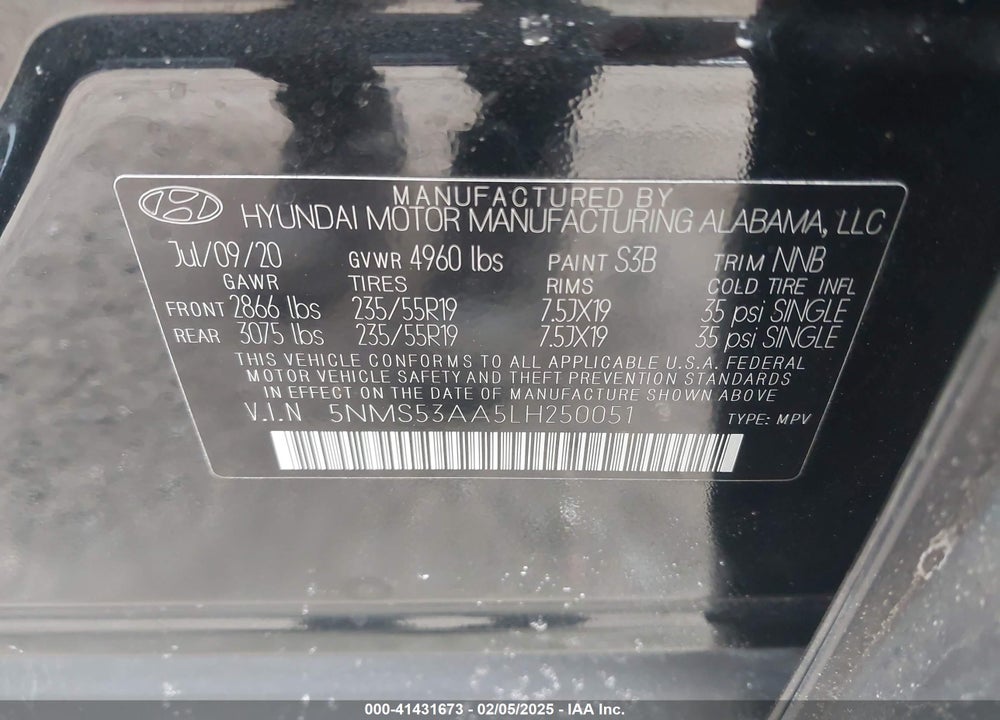 2020 HYUNDAI SANTA FE LIMITED 2.0T VIN: 5NMS53AA5LH250051