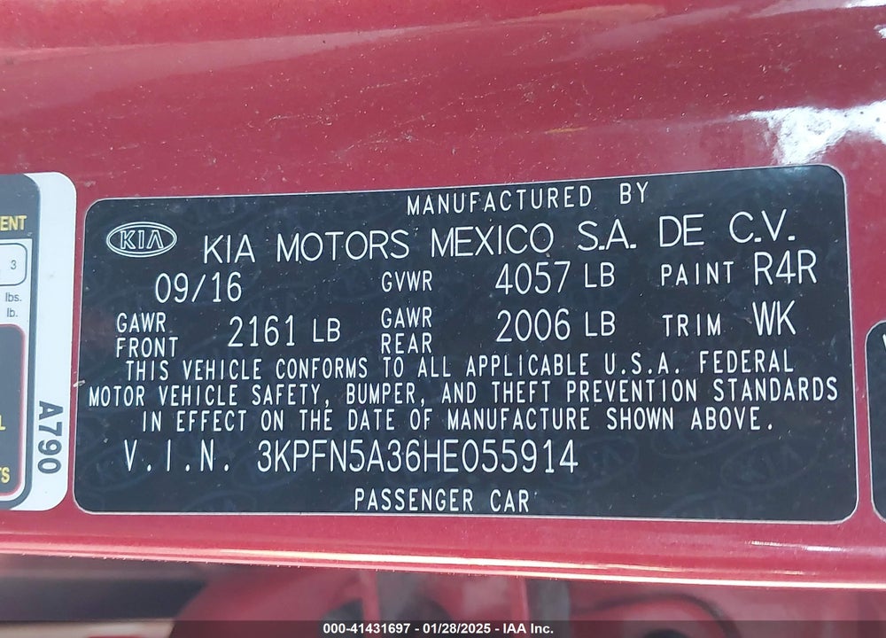 2017 KIA FORTE SX VIN: 3KPFN5A36HE055914