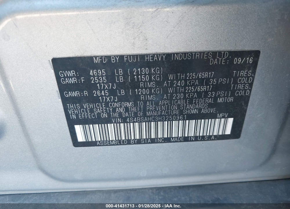 2017 SUBARU OUTBACK 2.5I PREMIUM VIN: 4S4BSAHC3H3250961