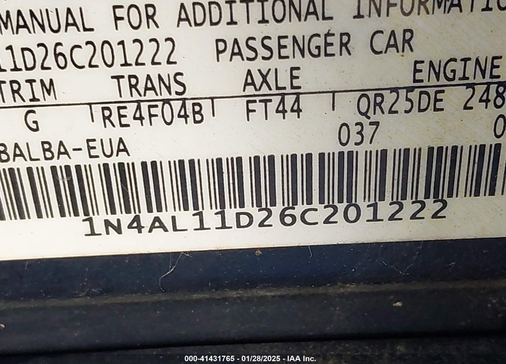 2006 NISSAN ALTIMA 2.5 S VIN: 1N4AL11D26C201222