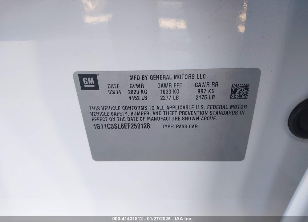 2014 CHEVROLET MALIBU VIN: 1G11C5SL6EF250128