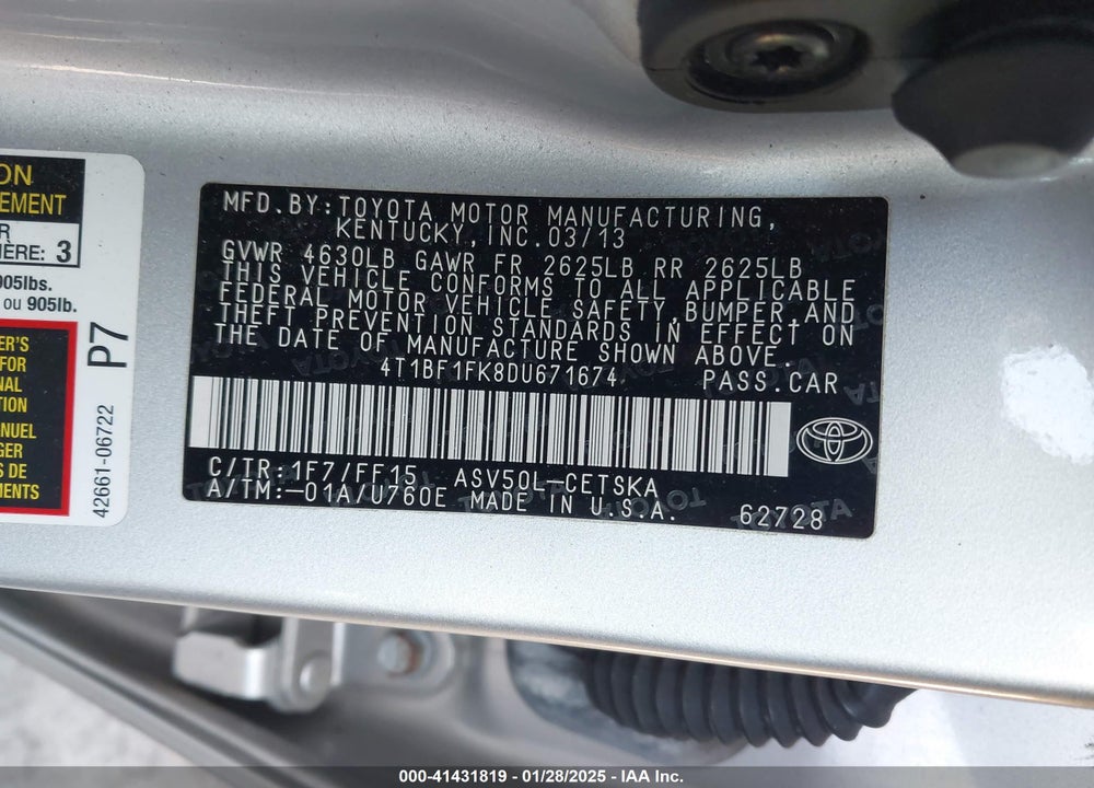 2013 TOYOTA CAMRY VIN: 4T1BF1FK8DU671674