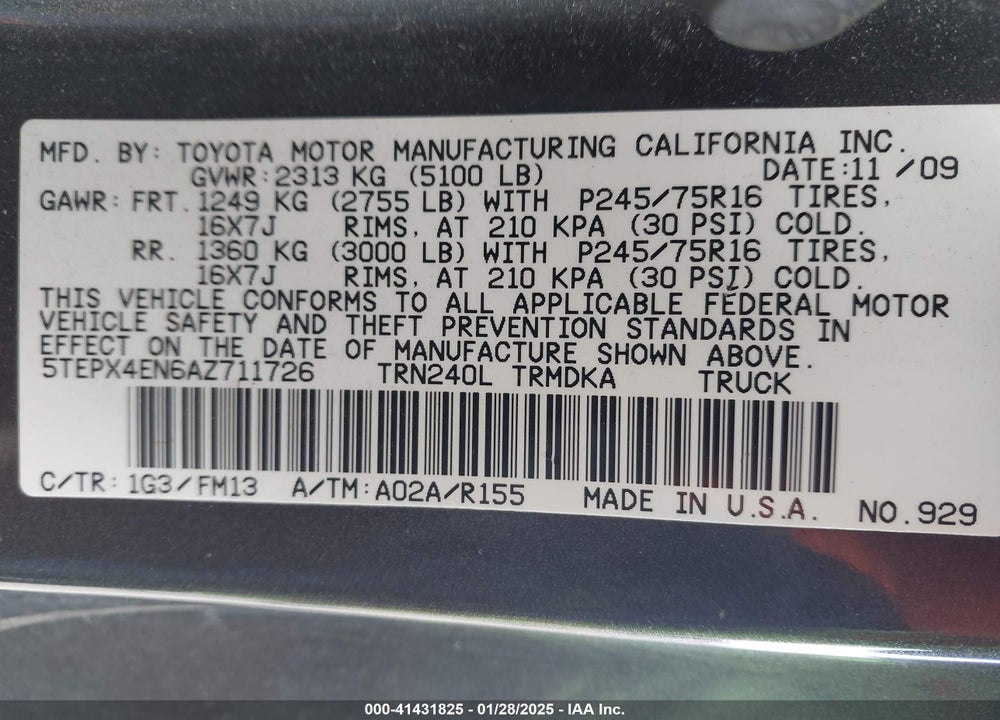 2010 TOYOTA TACOMA VIN: 5TEPX4EN6AZ711726