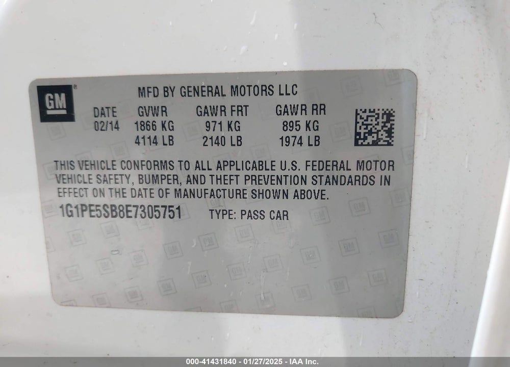 2014 CHEVROLET CRUZE VIN: 1G1PE5SB8E7305751