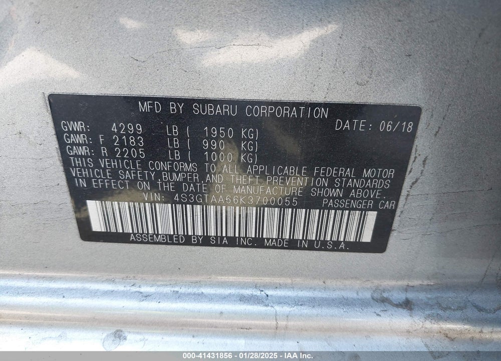 2019 SUBARU IMPREZA VIN: 4S3GTAA66K3700055