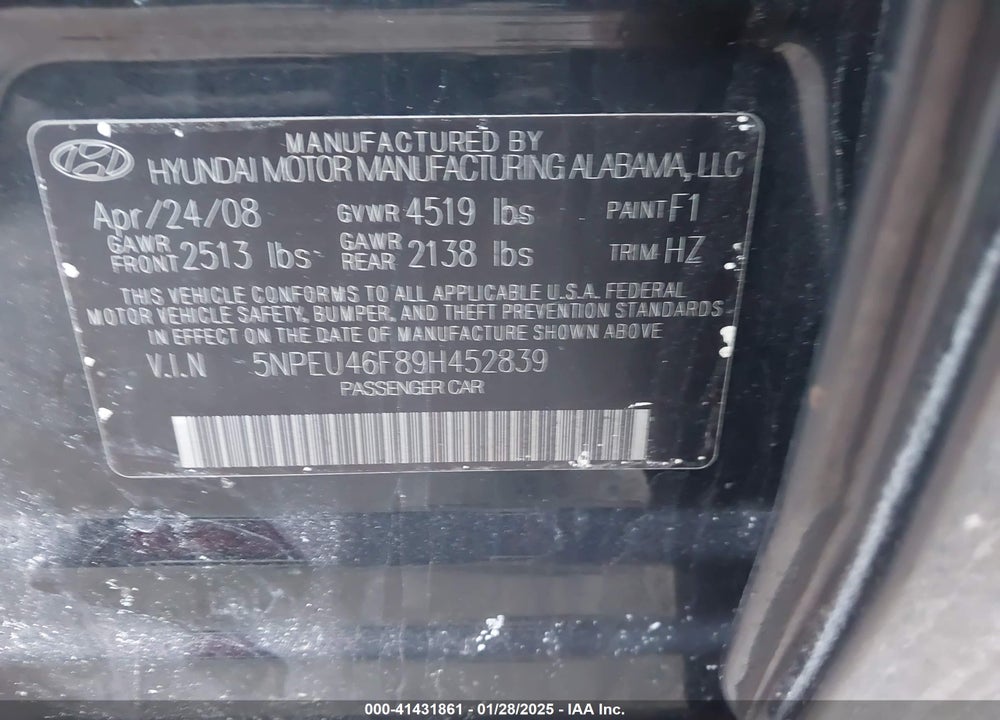 2009 HYUNDAI SONATA VIN: 5NPEU46F89H452839
