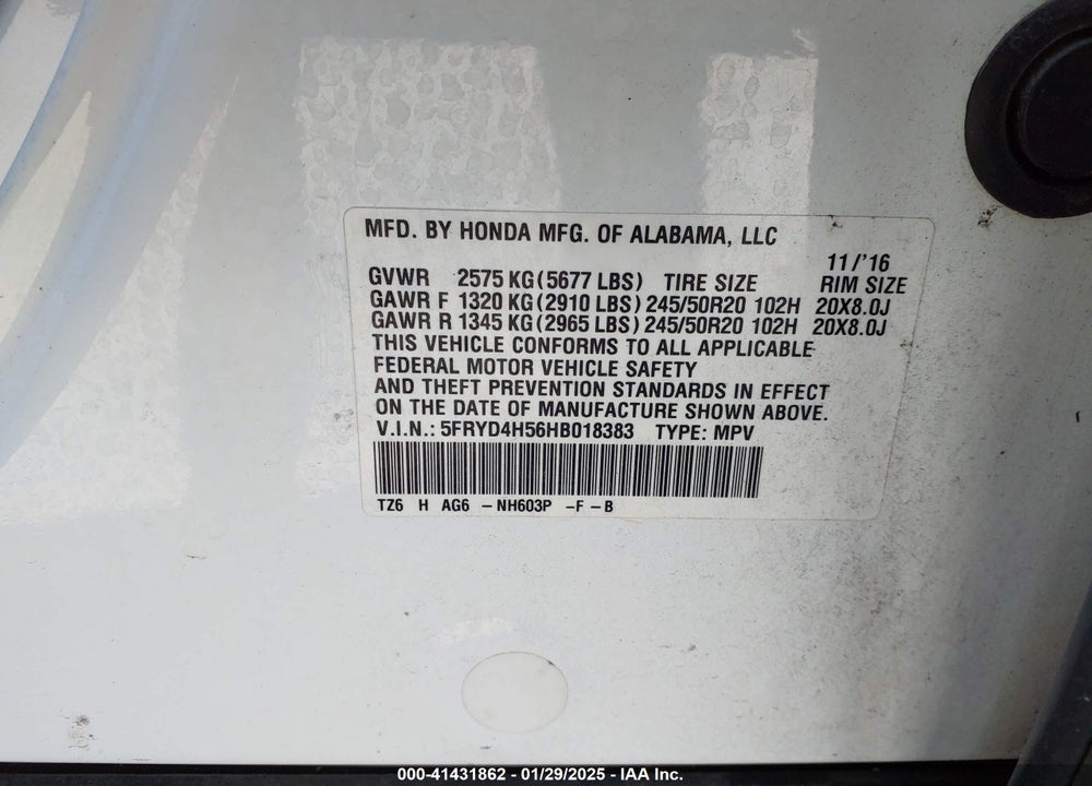 2017 ACURA MDX TECHNOLOGY PACKAGE VIN: 5FRYD4H56HB018383