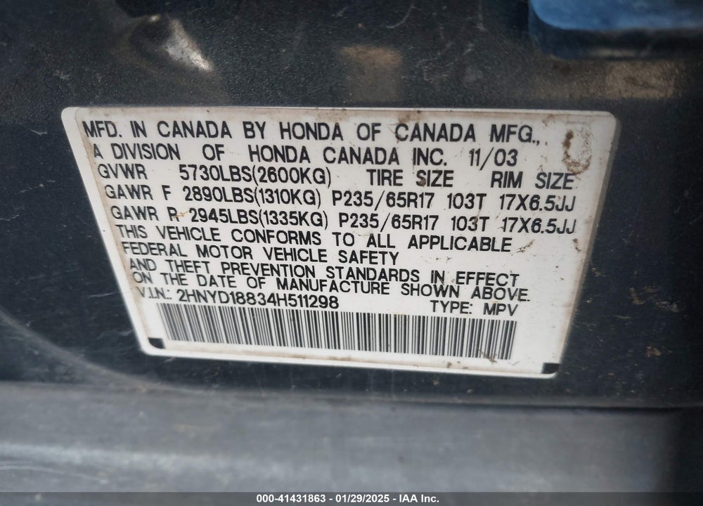 2004 ACURA MDX VIN: 2HNYD18834H511298