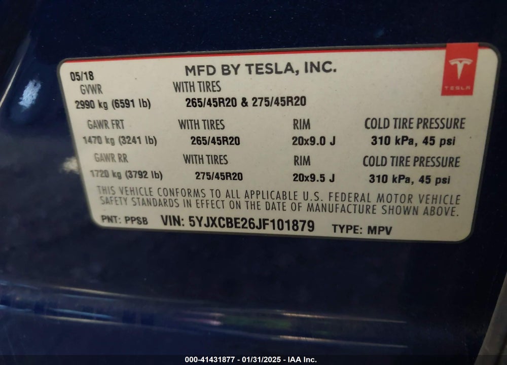 2018 TESLA MODEL X 100D/75D/P100D VIN: 5YJXCBE26JF101879