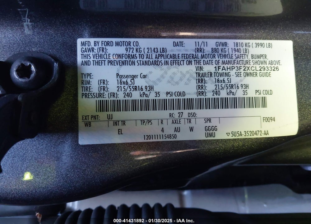 2012 FORD FOCUS SE VIN: 1FAHP3F2XCL293326
