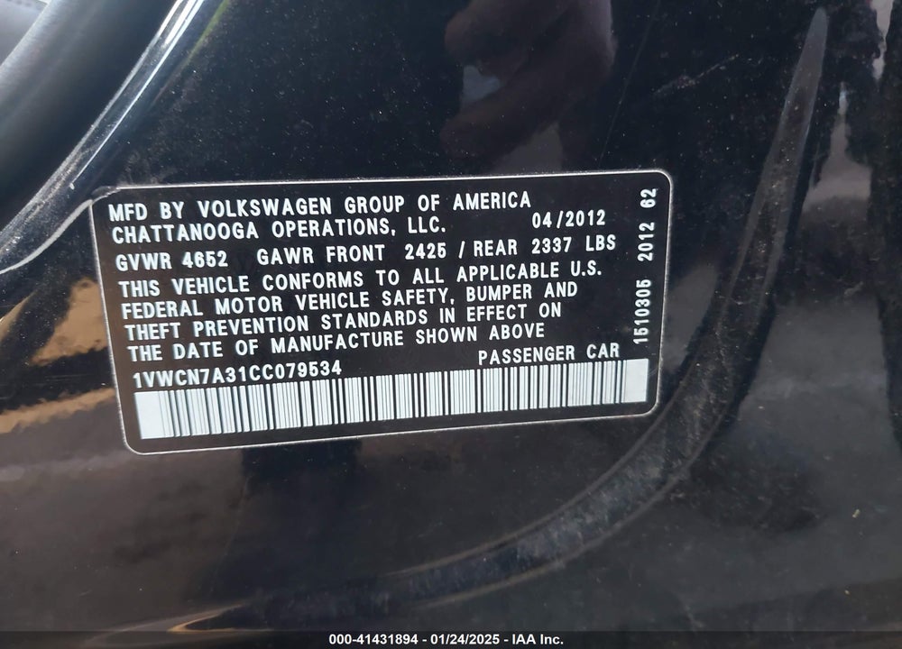 2012 VOLKSWAGEN PASSAT VIN: 1VWCN7A31CC079534