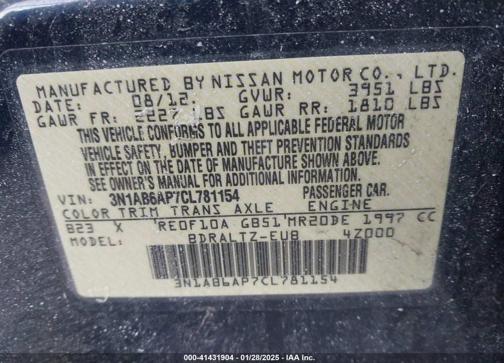 2012 NISSAN SENTRA VIN: 3N1AB6AP7CL781154