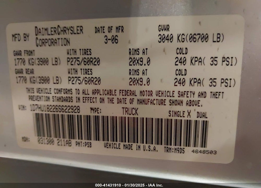 2006 DODGE RAM 1500 VIN: 1D7HU18226S622928