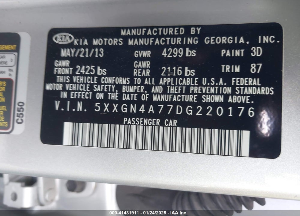 2013 KIA OPTIMA VIN: 5XXGN4A77DG220176