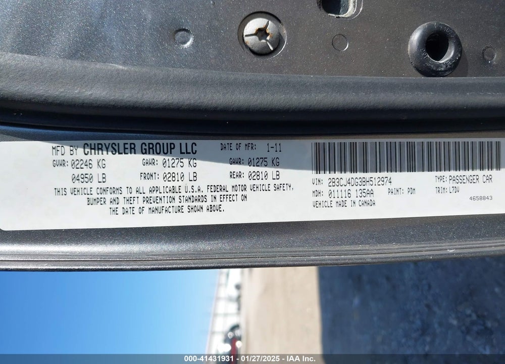 2011 DODGE CHALLENGER VIN: 2B3CJ4DG3BH512974