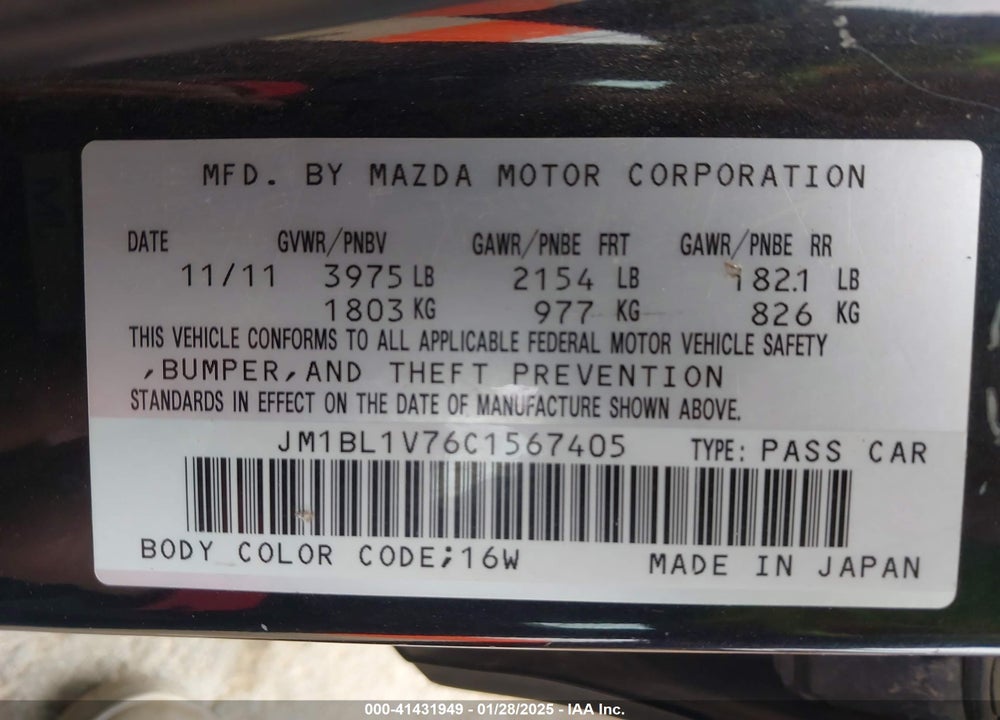 2012 MAZDA MAZDA3 VIN: JM1BL1V76C1567405
