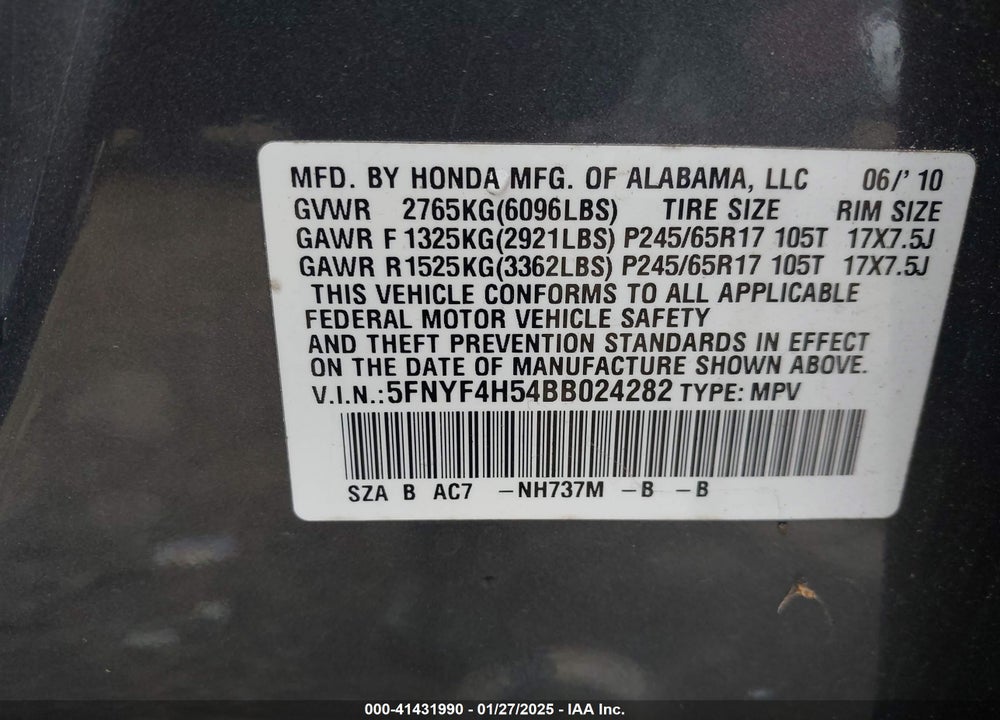 2011 HONDA PILOT EX-L VIN: 5FNYF4H54BB024282