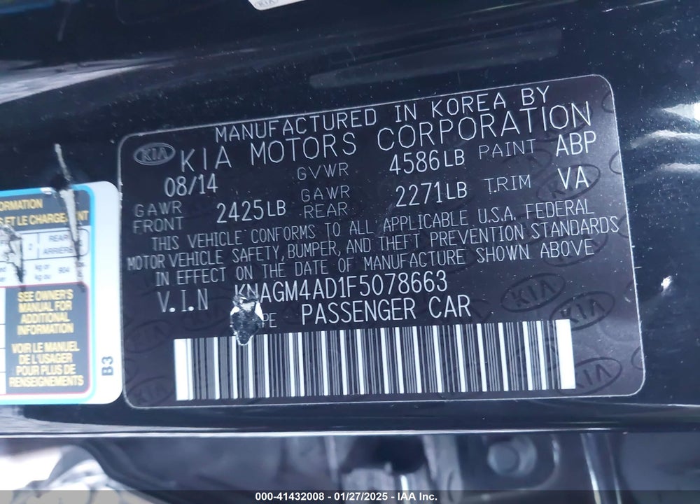 2015 KIA OPTIMA HYBRID VIN: KNAGM4AD1F5078663