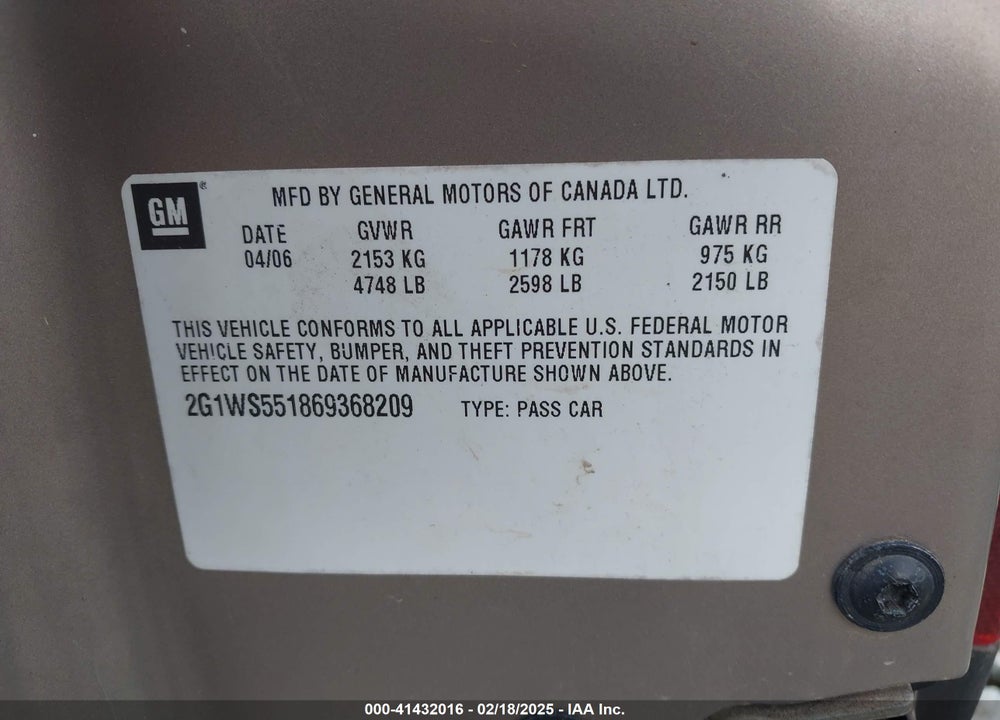 2006 CHEVROLET IMPALA POLICE VIN: 2G1WS551869368209