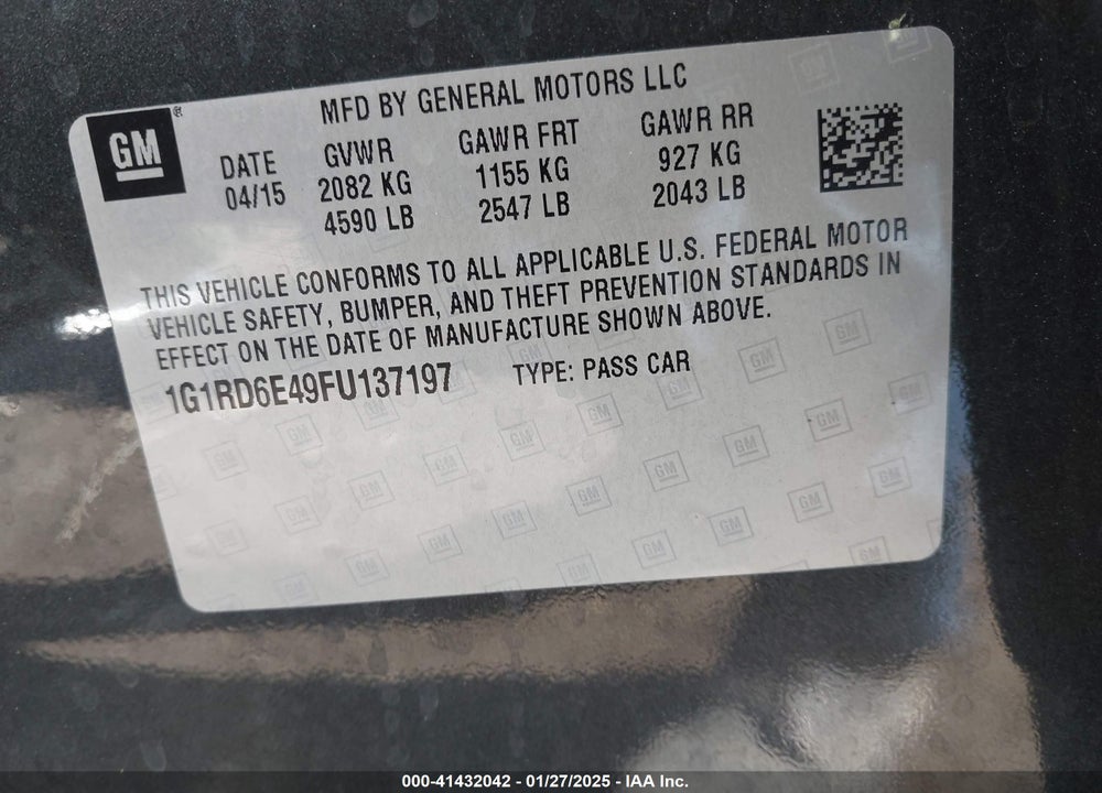 2015 CHEVROLET VOLT VIN: 1G1RD6E49FU137197