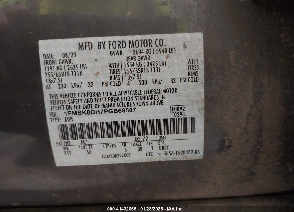 2023 FORD EXPLORER XLT VIN: 1FMSK8DH7PGB68507