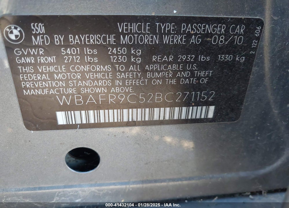 2011 BMW 550I VIN: WBAFR9C52BC271152