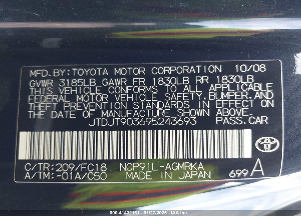 2009 TOYOTA YARIS VIN: JTDJT903695243693